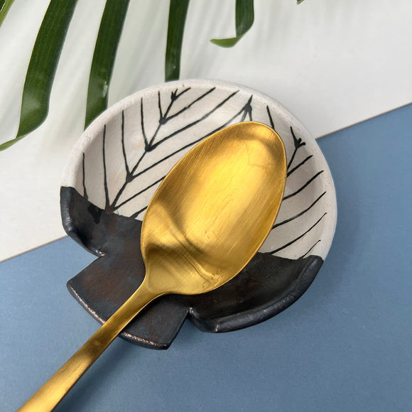Black Herringbone Ceramic Spoon Rest - Kitchen decor, Spoon holder for kitchen