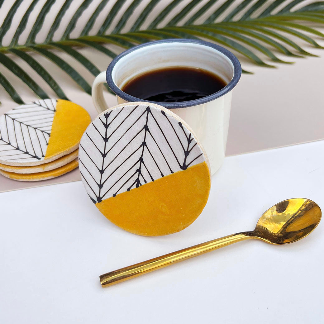 Mustard Herringbone Coaster Ceramic Gifts Juliet Reeves Designs