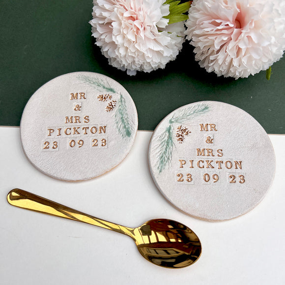 Forest Theme Mr And Mrs Set of Two Wedding Coasters - Personalised Wedding Gift