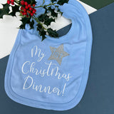 My First Christmas Dinner Baby Bib In Blue And Silver