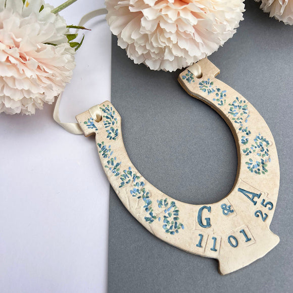 Ceramic Wedding Horseshoe with Blue Detail