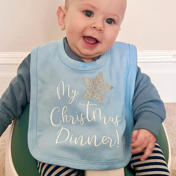 My First Christmas Dinner Baby Bib In Blue And Silver