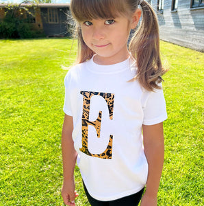 Leopard Print Initial T Shirt, Initial Top and Babygrow for Kids Birthday