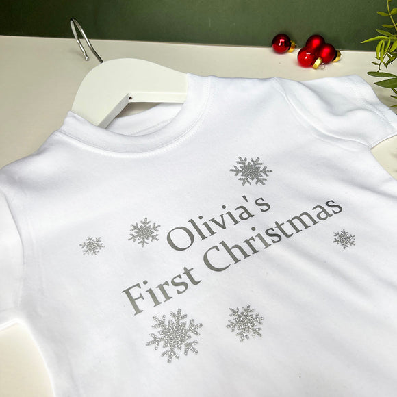 Personalised First Christmas Snowflake Baby Grow / Top