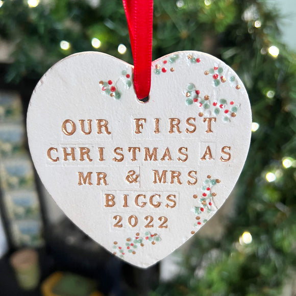 Our First Christmas As Hanging Heart, Married Couples First Christmas Decoration